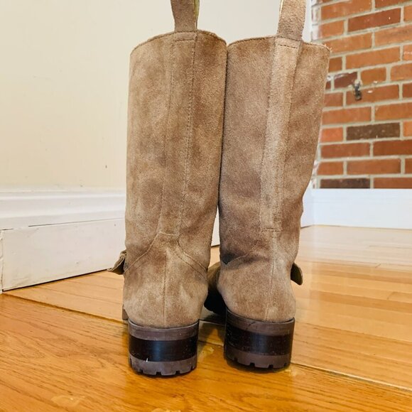 Ralph Lauren Motorcycle Boots Mid Calf Tan Suede Pull On Lug Soles - Picture 6 of 16